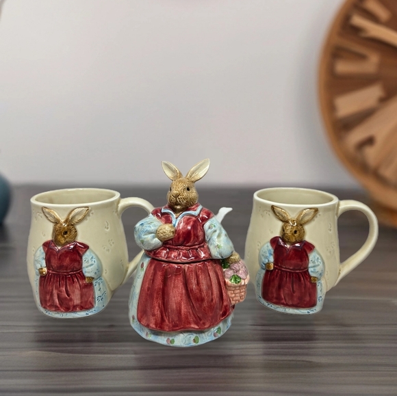 Vintage Otagirl Mrs Rabbit Ceramics 2 Tea Cups-Sugar Holder & Spoon Edith Coll. - Picture 1 of 15